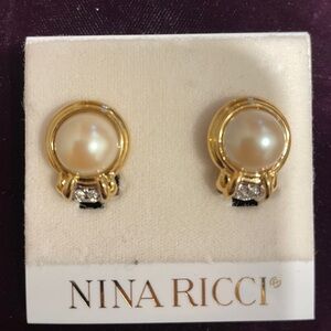 Nina Ricci Gold and Pearl Stud Earrings